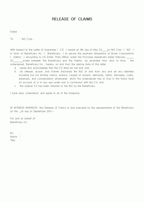 (무역/수출입)RELEASE OF CLAIMS