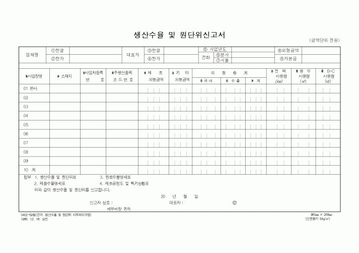 (경리)생산수율 및 원단위신고서
