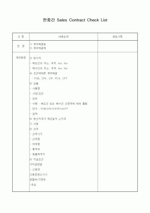 (무역/수출입)한중간 Sales Contract Check List