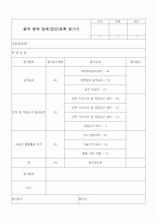 (공사계약)용역 협력 업체(집단)등록 평가서