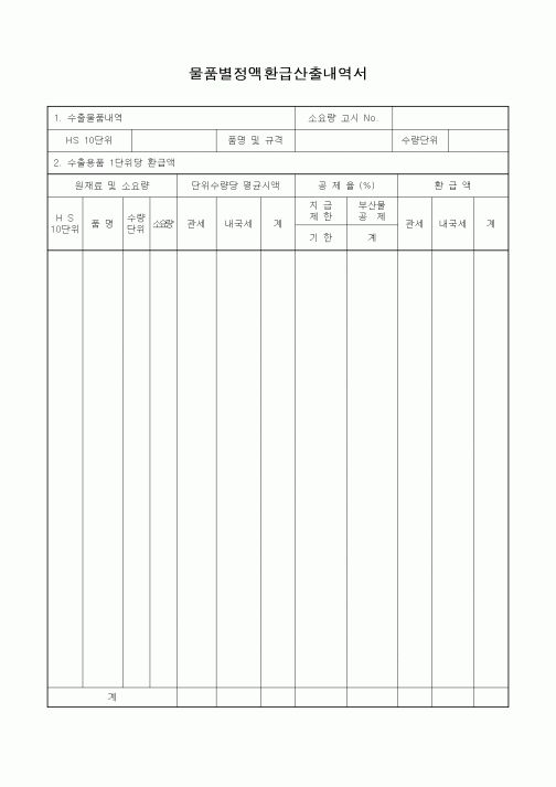 (무역/수출입)물품별정액환급산출내역서3