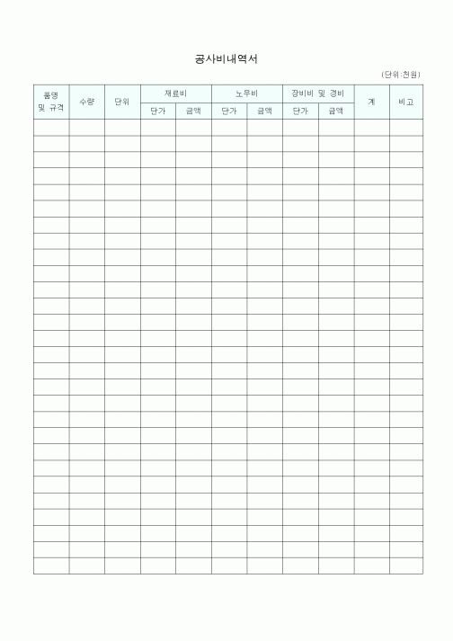 (공사예산/실행)공사비내역서