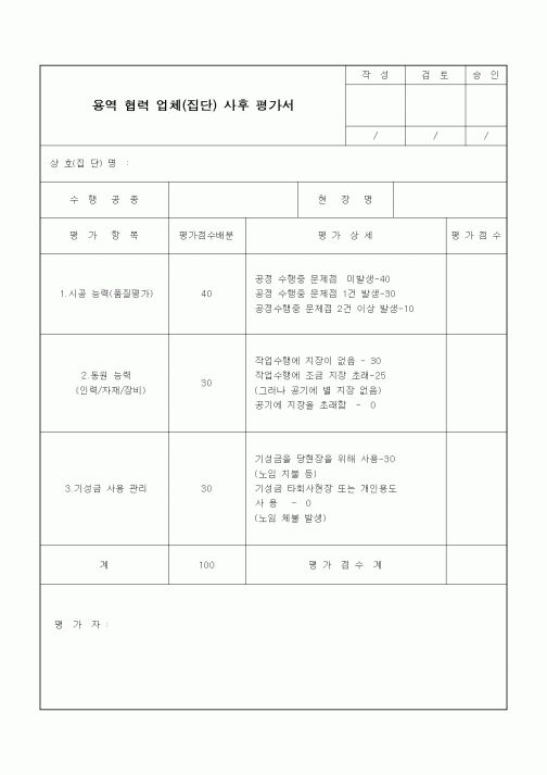 (인사/노무)용역 협력 업체(집단) 사후 평가서
