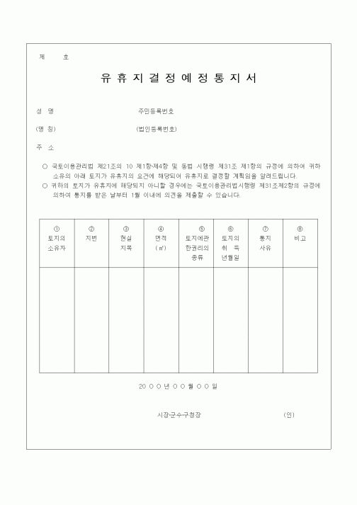 (건축인/허가)유휴지결정 예정통지서