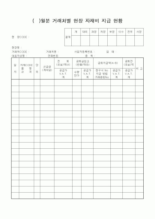 (자재관리)()월분 거래처별 현장 자재비 지급 현황