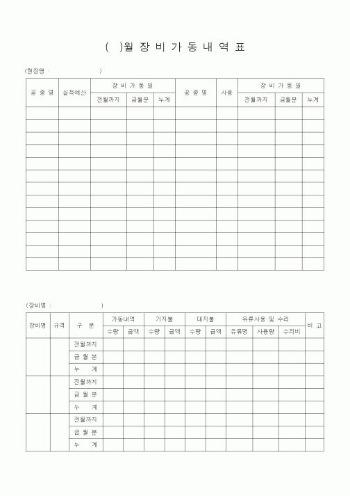 (자재관리)()월장비가동내역표