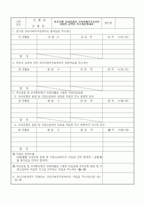 (기타)외국은행 국내지점이 국외지배주주로부터 차입한 금액의 적수계산명세서