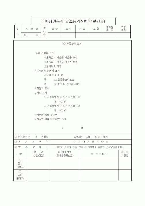 (부동산)근저당권등기 말소등기신청(구분건물)