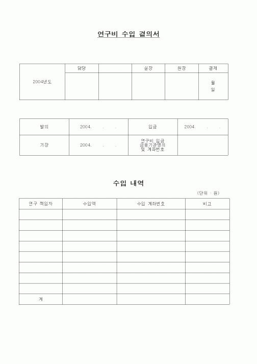 (석사/박사/연구원)연구비 수입 결의서