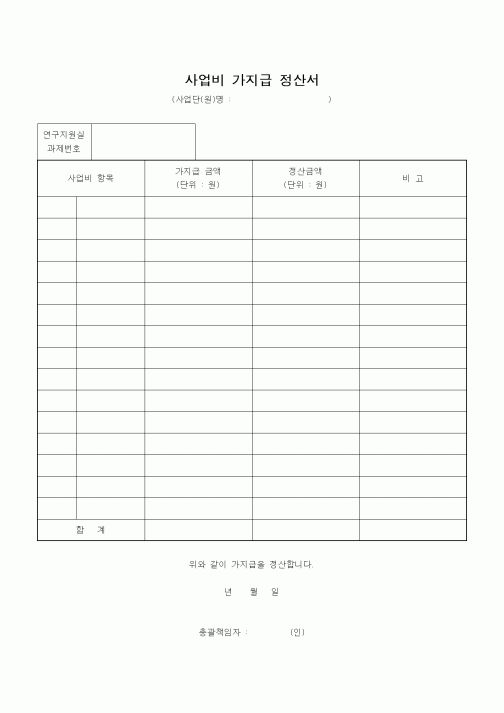 (석사/박사/연구원)사업비 가지급 정산서