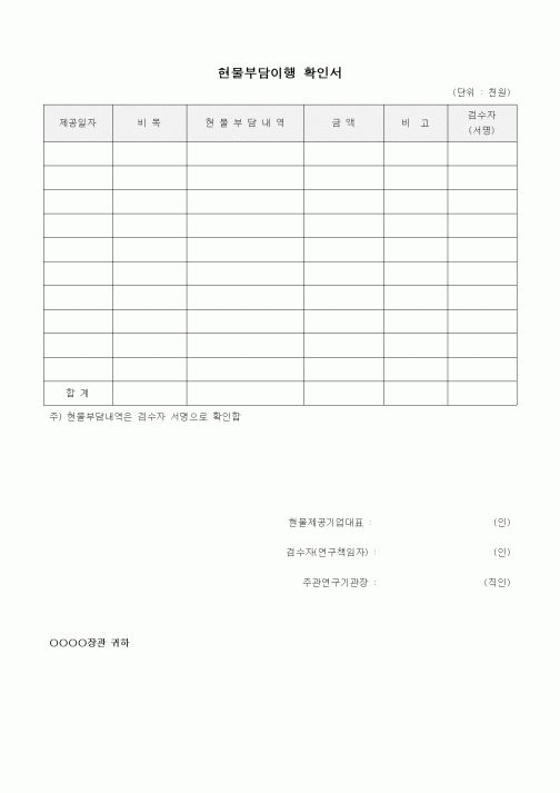 (석사/박사/연구원)현물부담이행 확인서