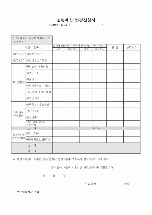 (석사/박사/연구원)실행예산 변경신청서