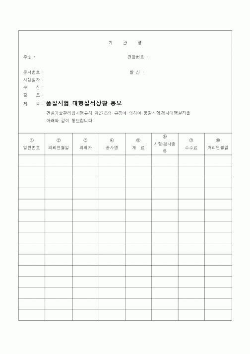 (기타건설)품질시험 대행실적상황 통보