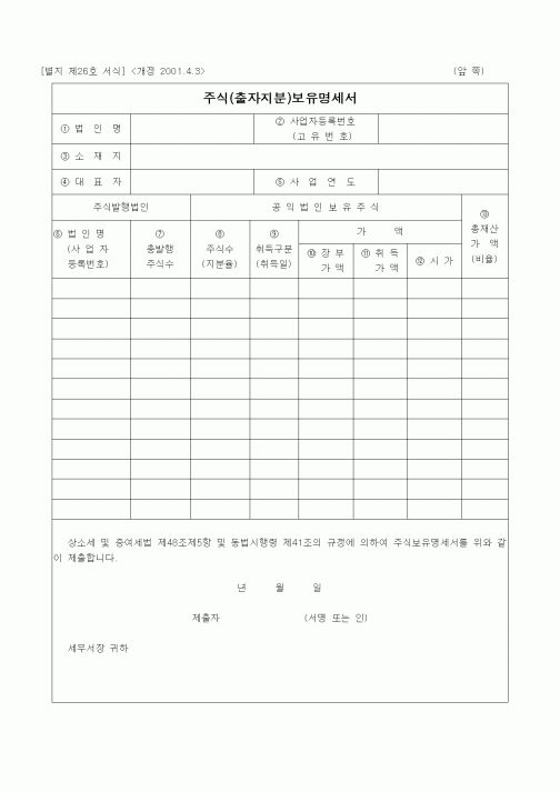 (경리)주식(출자지분)보유명세서 [개정 2001.4.3]
