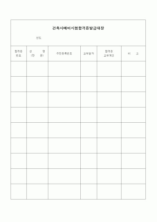 (노무관리)건축사예비시험합격증발급대장