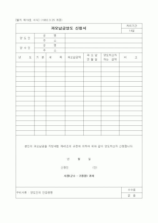 (경리)과오납금양도 신청서