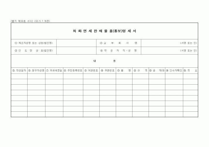 (경리)외화면세 판매물품(통보)명세서