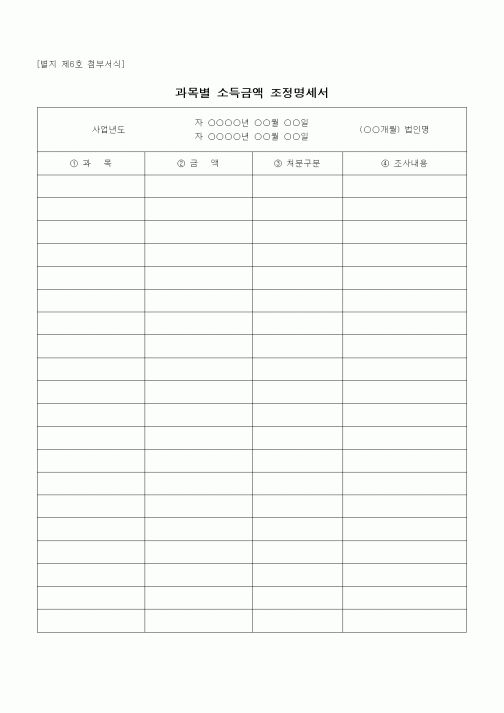 (경리)과목별 소득금액 조정명세서