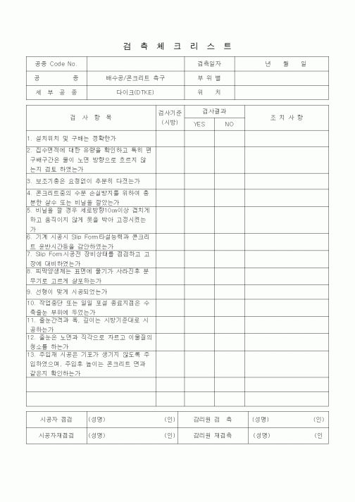 (품질관리)검측체크리스트 (일반토목공사, 배수공사, 콘크리트측구-다이크(DYKE)) 