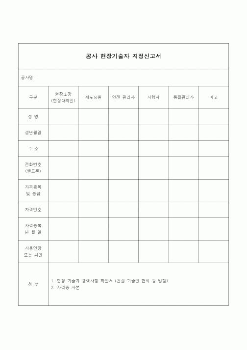 (인원관리)공사 현장기술자 지정신고서1