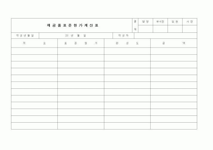 (제조/생산)재공품 표준 원가 계산표