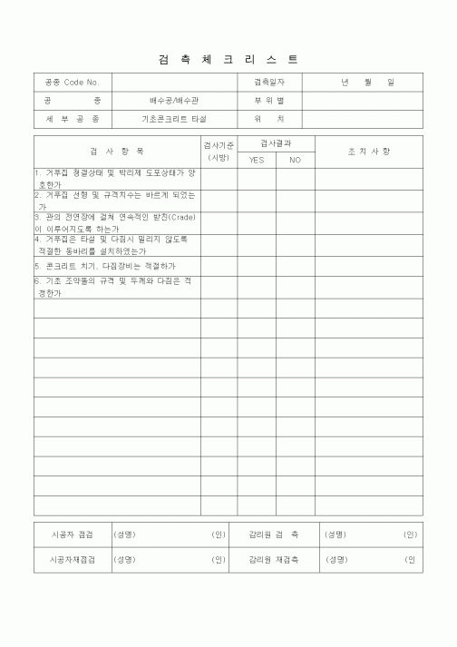 (품질관리)검측체크리스트 (일반토목공사, 배수공사, 배수관-기초콘크리트타설)