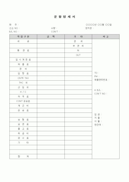 (무역/수출입)운항명세서