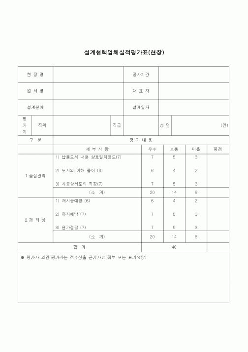 (건설규정)설계협력업체 실적평가표(현장)