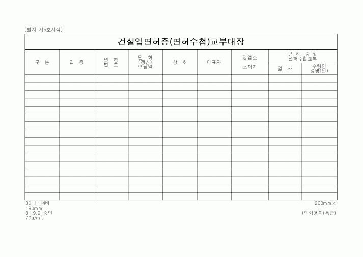 (건설관계법규)건설업면허증(면허수첩)교부대장