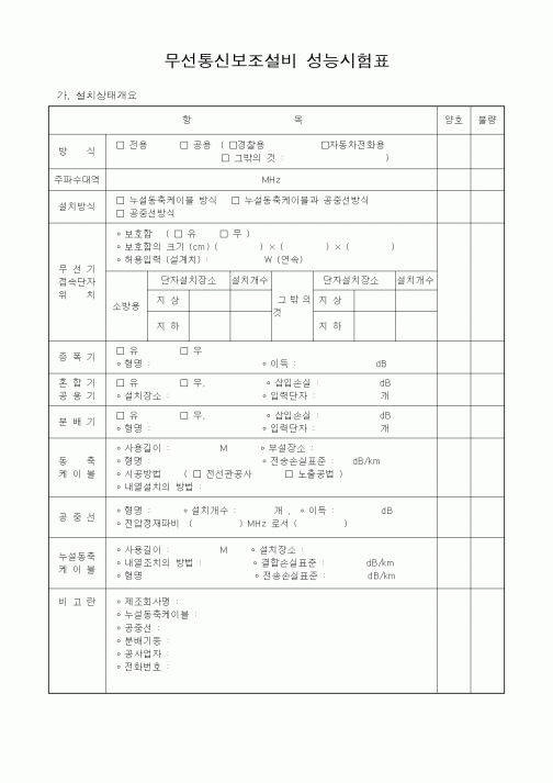 (품질관리)무선통신보조설비성능시험표