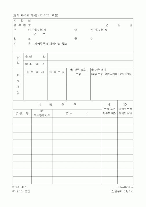 (기타행정서식)과점주주의 과세자료 통보