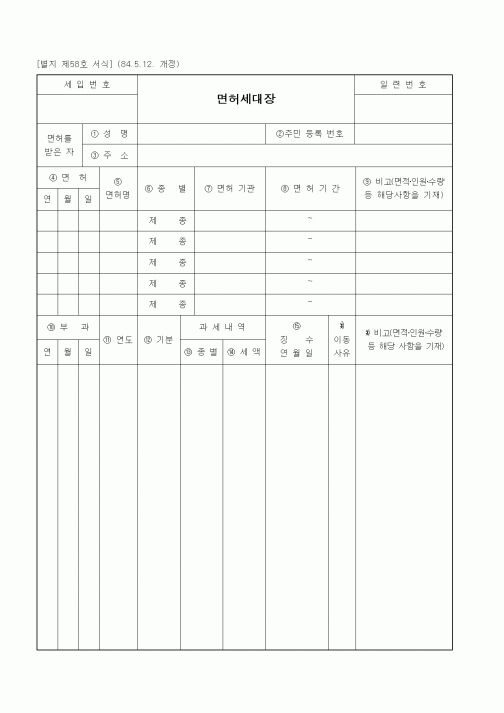(기타행정서식)면허세대장