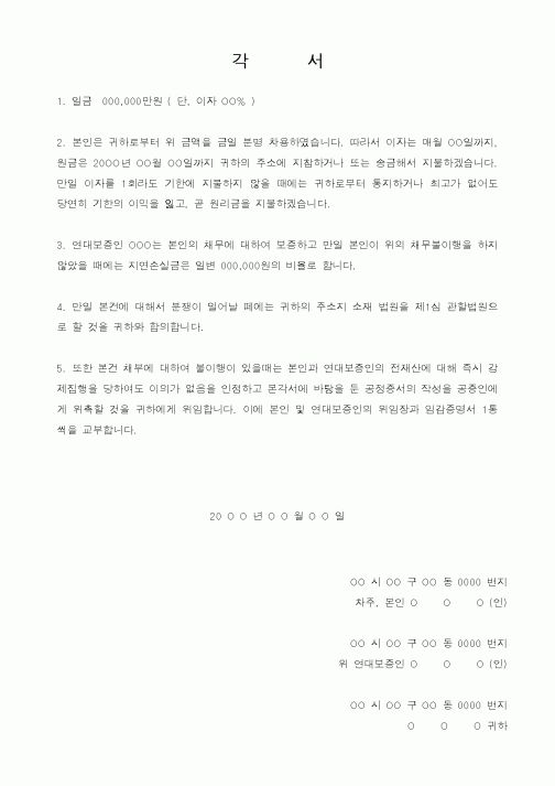 (민사소송)각서 (차용)