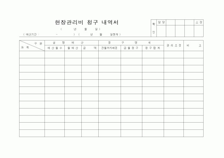 (공사예산/실행)현장관리비 청구 내역서