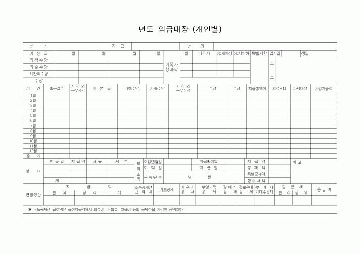 (인사/노무)년도 임금대장 (개인별)