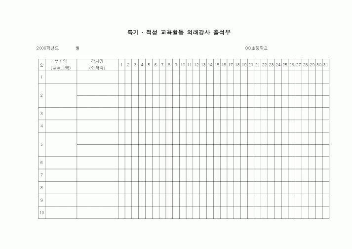 (초등학교)특기 · 적성 교육활동 외래강사 출석부