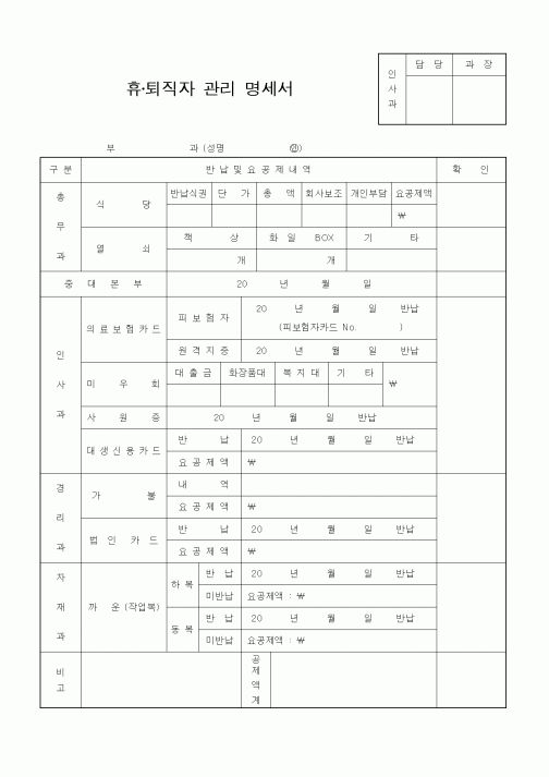 (인사/노무)휴·퇴직자 관리 명세서1