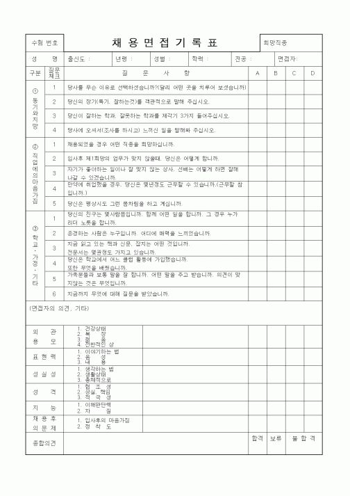 (인사/노무)채용면접기록표1