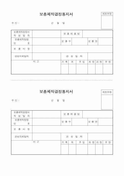 (제조/생산)보충제작결정통지서