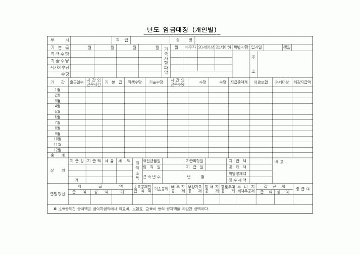 (인사/노무)년도 임금대장 (개인별)1