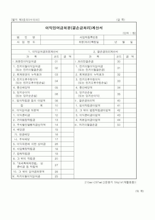 (세무/회계)이익잉여금처분(결손금처리)계산서