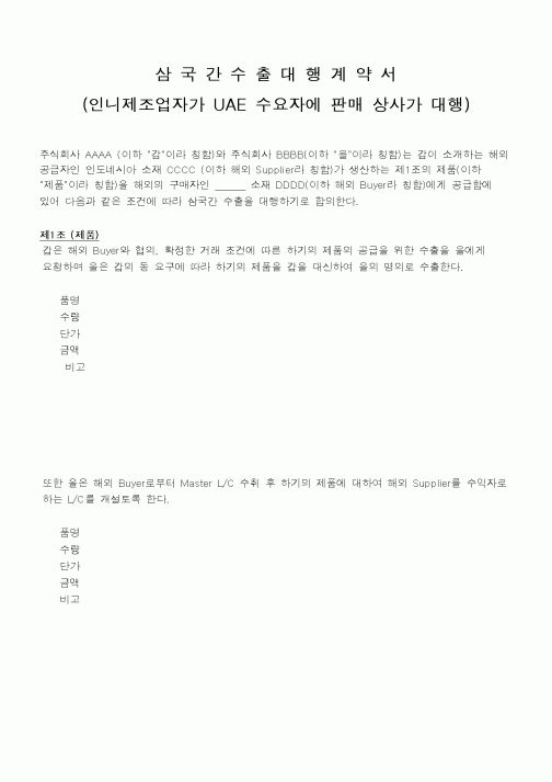 (무역/수출입)삼국간수출대행계약서