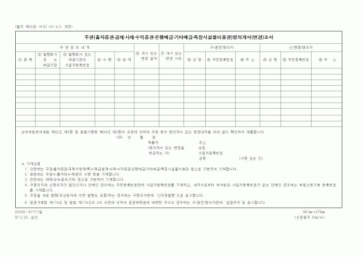 (세무/회계)주권(출자증권.공채.사채.수익증권.은행예금.기타예금.특정시설물이용권)명의개서(변경)조서