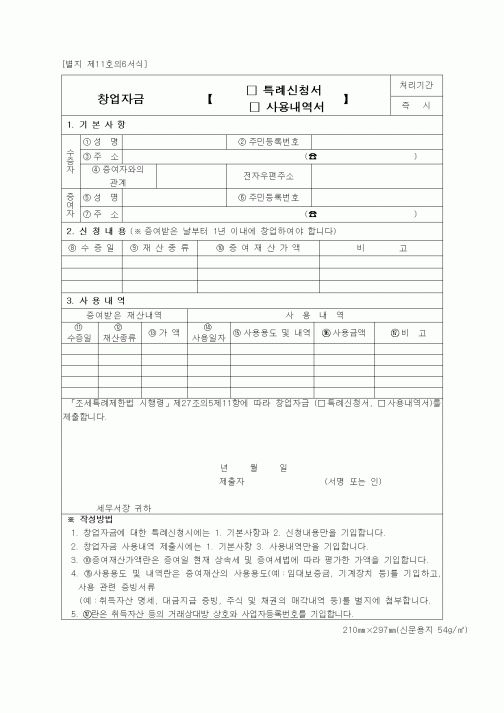(창업)창업자금 특례신청서.사용내역서