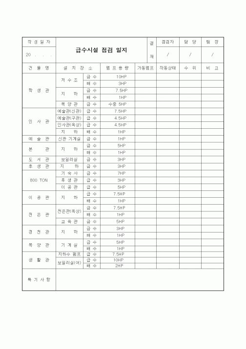 (기타건설)점검일지(급수시설)