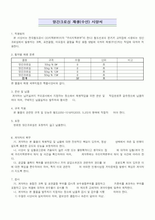 (기타)망간크로싱 재생(수선) 사양서