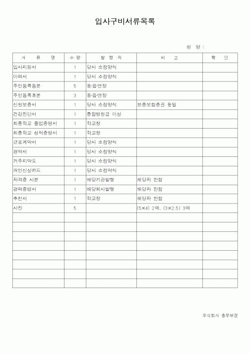 입사구비서류목록