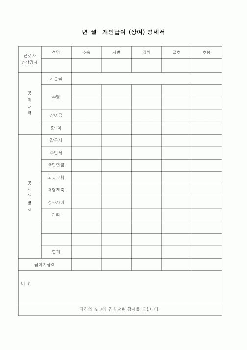 (인사/노무)개인급여 (상여) 명세서