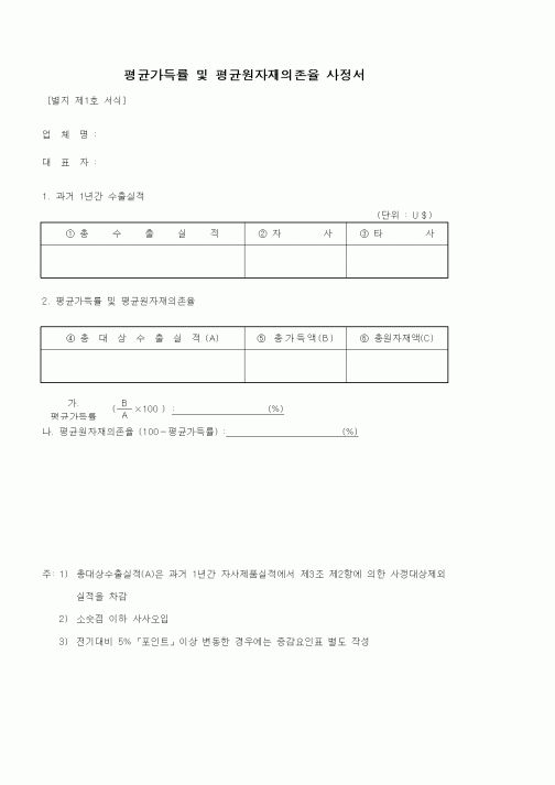 (제조/생산)평균가득률 및 평균원자재의존율 사정서