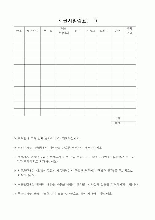 (총무)채권자일람표()